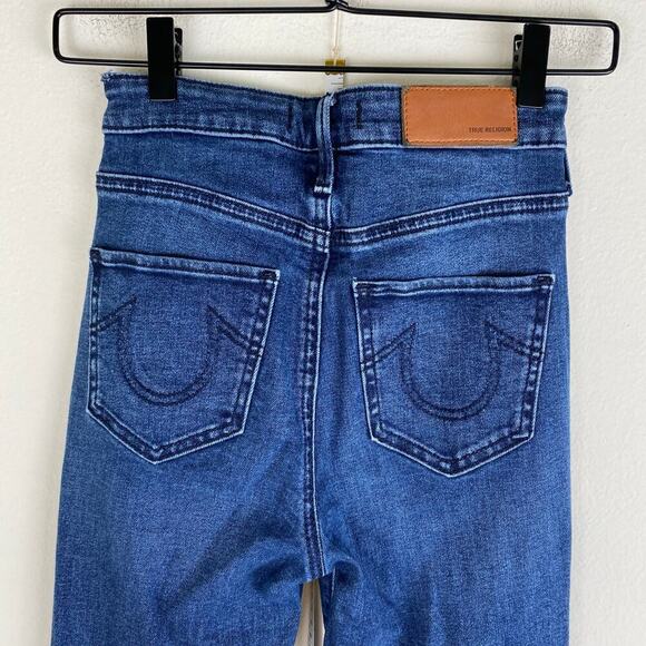 True Religion Fey Flare Jeans Size 25 Dark Blue Stretch High Rise West 70s *flaw - Picture 8 of 14